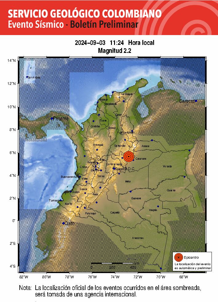 Boletín del Servicio Geólogico Colombiano por evento telúrico en Sogamoso - crédito SGC