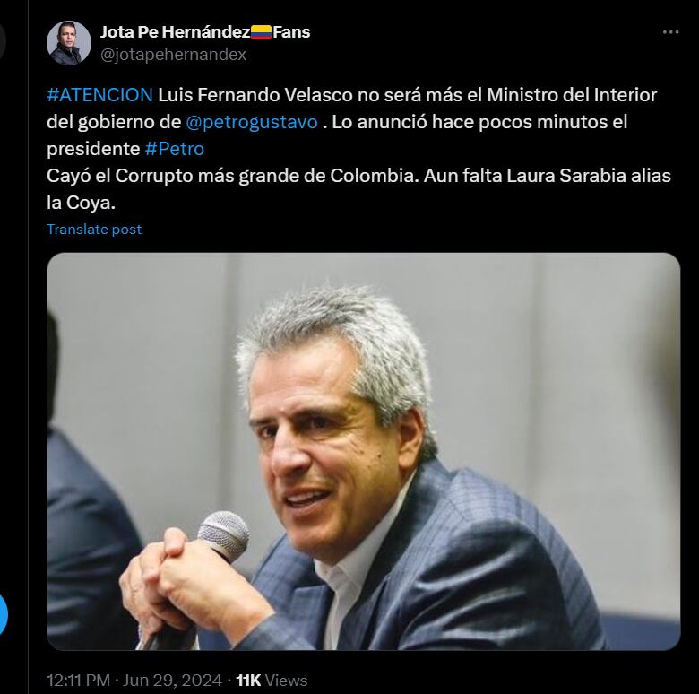 Desde la cuenta de fans de Jota Pe Hernández reaccionaron a la salida de Luis Fernando Velasco del Ministerio del Interior - crédito @jotapehernandex/X