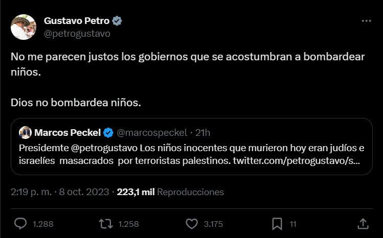 Gustavo Petro dijo unas palabras destinadas a condenar los bombardeos en el conflicto, rápidamente se convirtieron en el centro de atención y avivaron el debate sobre el papel de Colombia en el conflicto en el Medio Oriente - crédito @petrogustavo/X