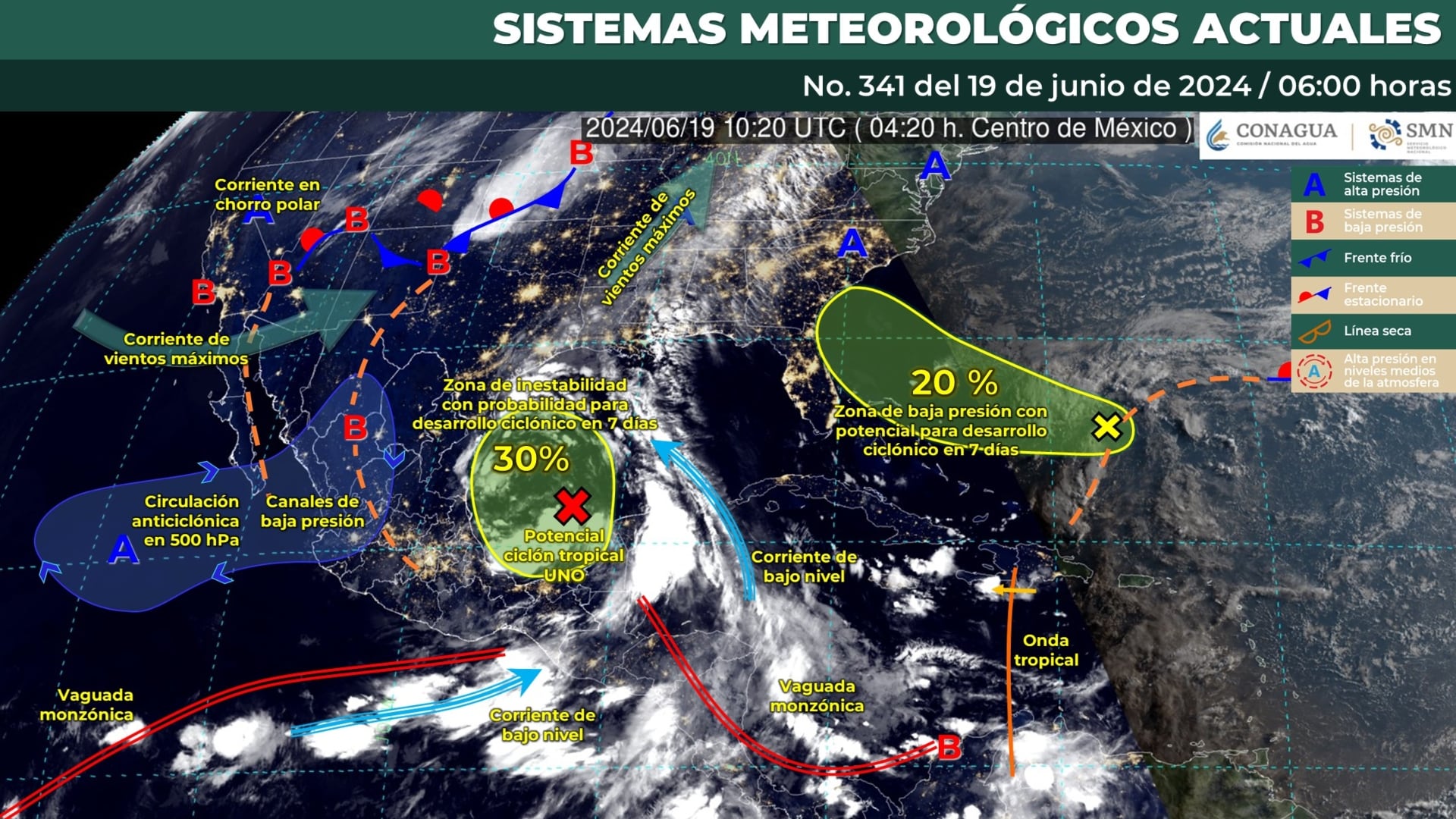 Mapa que muestra los sistemas meteorológicos que influirán en el clima de México este miércoles 19 de junio