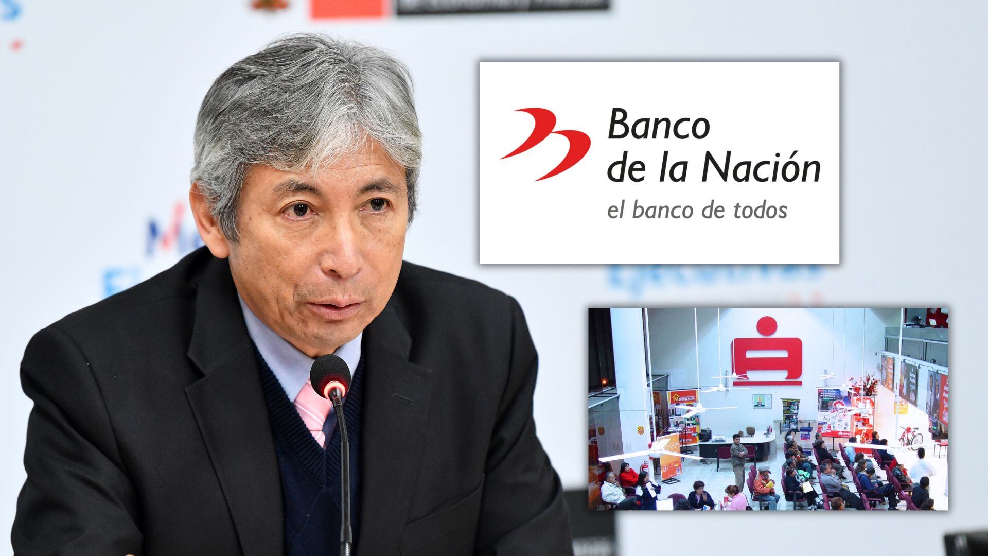 ministro de Economía y Finanzas de Perú, José Arista, junto a logo del Banco de la Nación y oficina de Caja Municipal