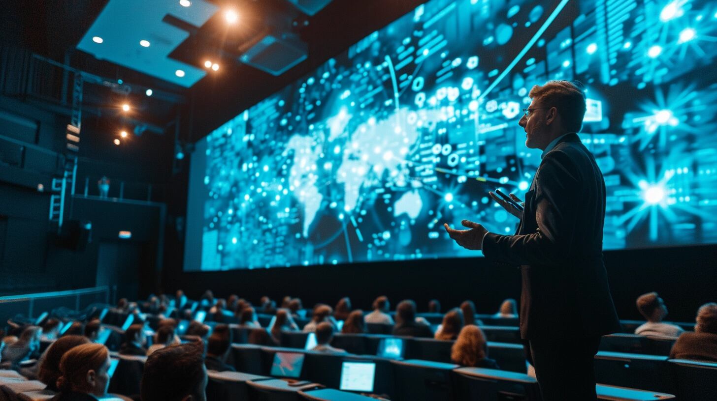 Profesional exponiendo en un auditorio sobre inteligencia artificial, con la audiencia atenta a su presentación. La fotografía ilustra la relevancia de compartir y discutir avances en tecnología, ciencia e investigación, y cómo los eventos como conferencias son vitales para la comunidad científica y tecnológica. (Imagen ilustrativa Infobae)