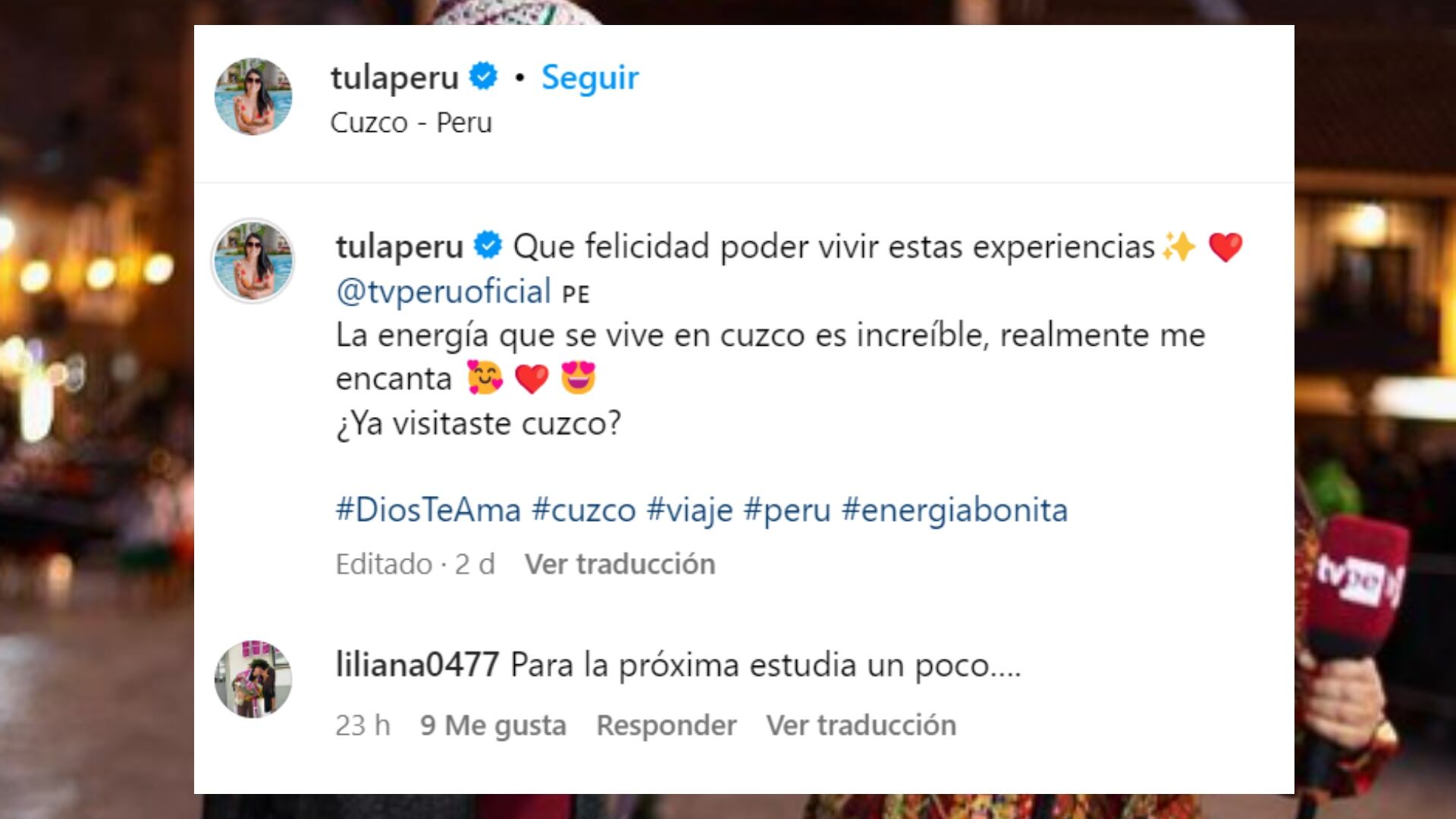 Tula Rodríguez celebró su conducción en el Inti Raymi y no hace caso a críticas. IG