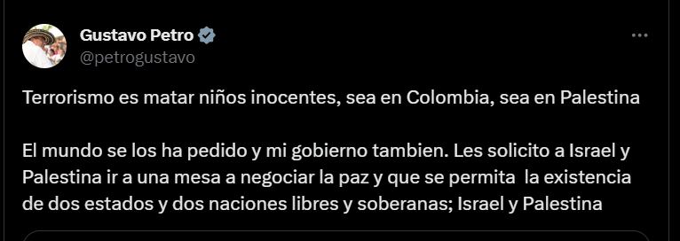 El presidente Petro durante dos días enteros ha hablado sobre el conflicto que se vive entre Israel y Palestina - crédito @petrogustavo