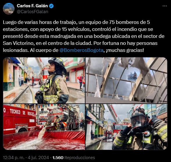 El alcalde de Bogotá Carlos Fernando Galán se pronunció ante las labores de emergencia de los Bomberos en el incendio de San Victorino - crédito @CarlosFGalan/X