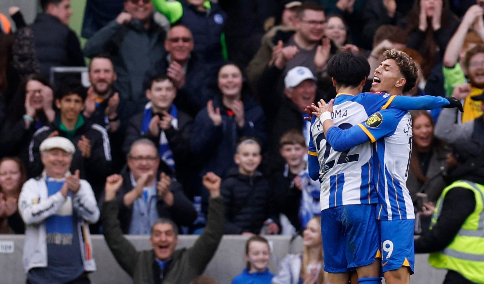 Soccer Football - FA Cup - Quarter-Final - Brighton & Hove Albion v Grimsby Town - The American Express Community Stadium, Brighton, Britain - March 19, 2023 Brighton & Hove Albion's Kaoru Mitoma celebrates scoring their fifth goal with Jeremy Sarmiento Action Images via Reuters/Andrew Couldridge