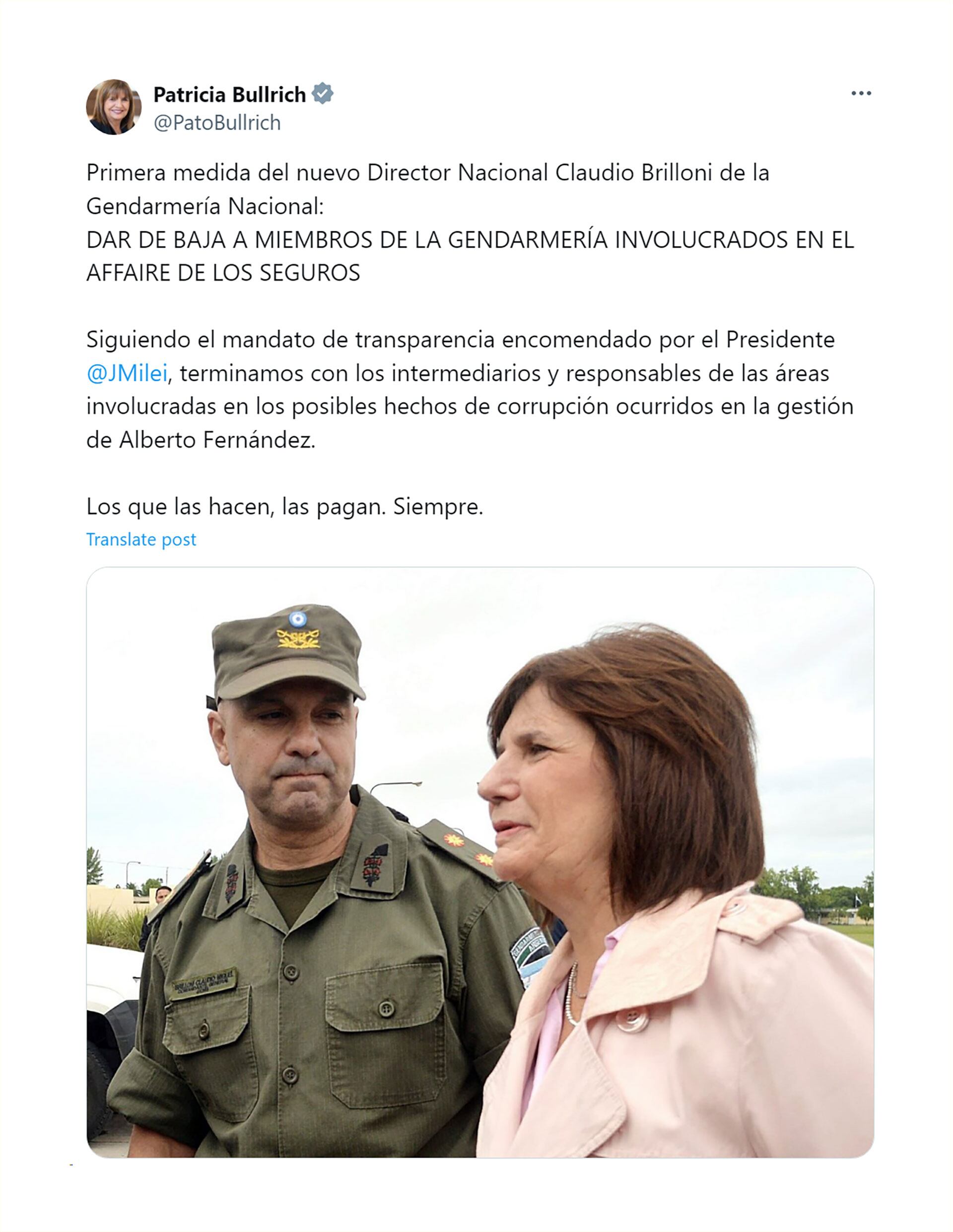 Patricia Bullrich apoyó a Claudio Brilloni