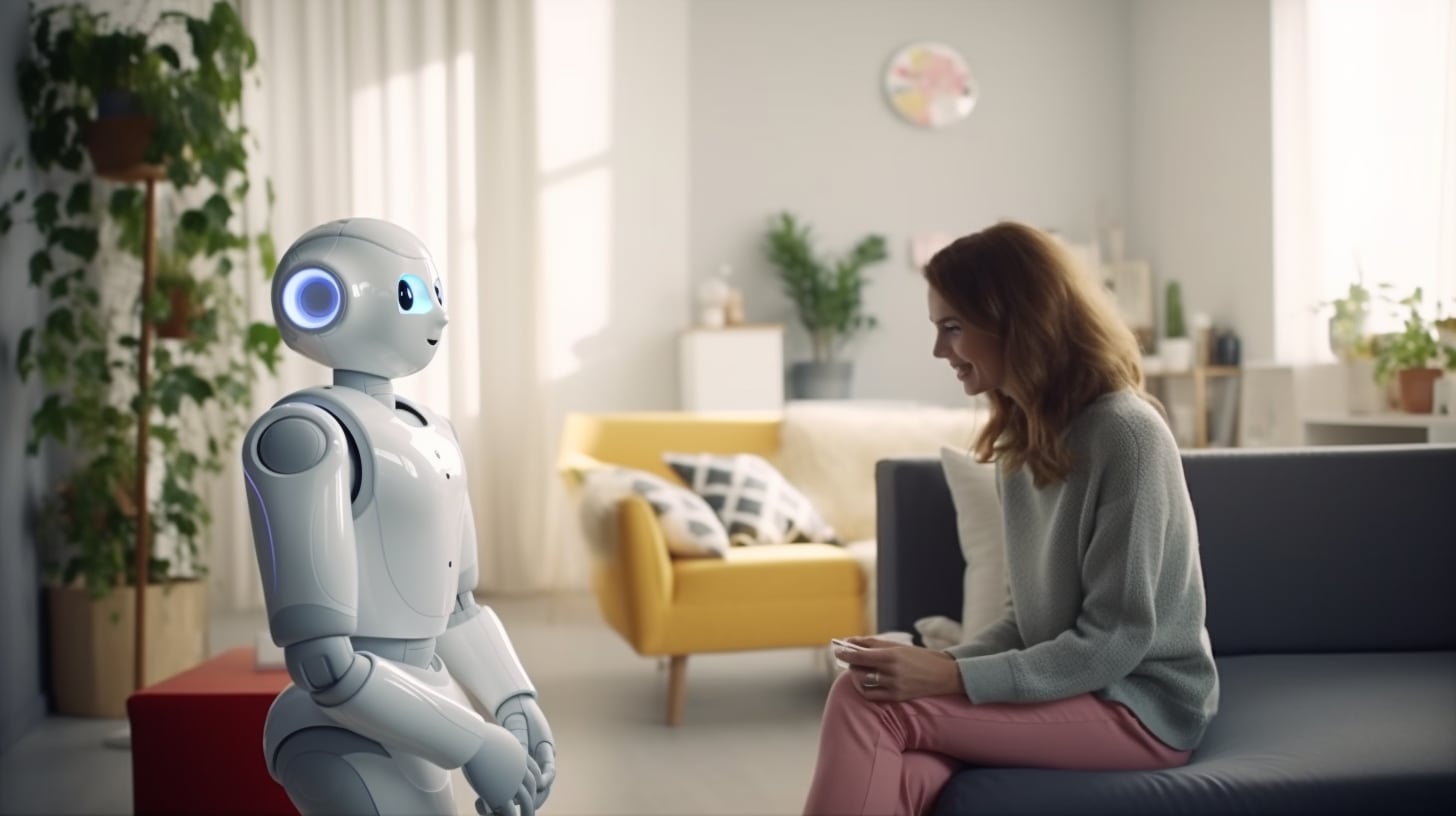 Mujer y robot mantienen una conversación amigable en un entorno futurista. La tecnología y la inteligencia artificial transforman la comunicación y la asistencia en la vida cotidiana. (Imagen ilustrativa Infobae)