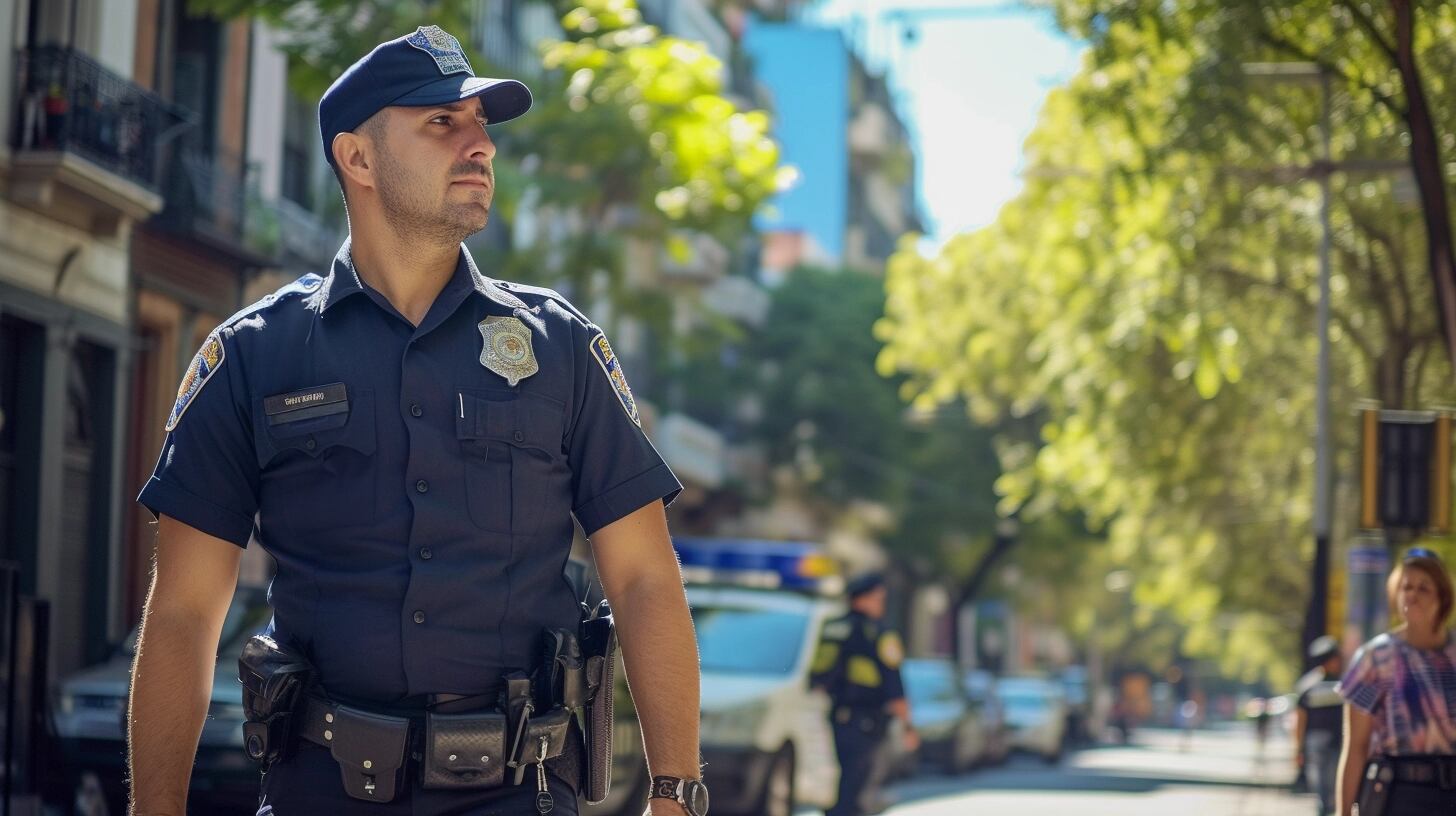 Un policía hombre adulto camina por la vereda del centro porteño - (Imagen Ilustrativa Infobae)