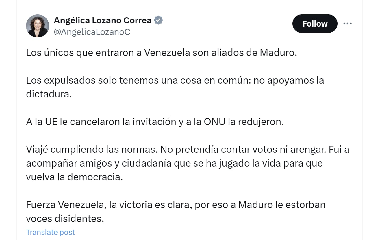 Angélica Lozano aseguró que solo los “aliados” de Nicolás Maduro pudieron ingresar a Venezuela - crédito @AngelicaLozanoC/X