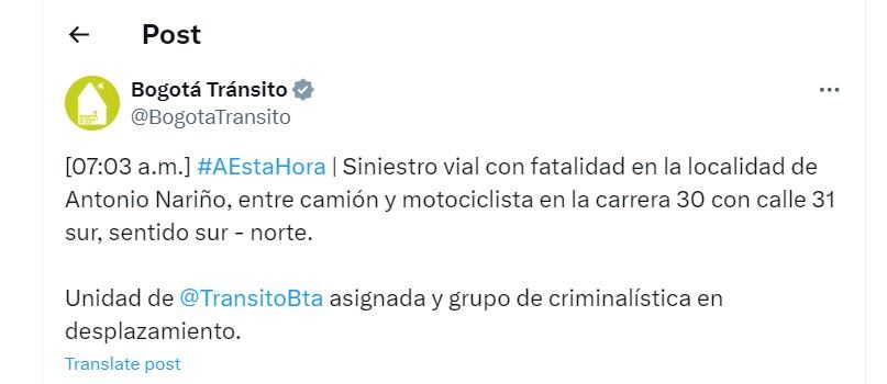 Bogotá Tránsito informó de un accidente en la localidad de Antonio Nariño - crédito @BogotaTransito