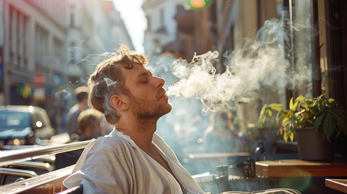 Un hombre fuma tranquilamente un cigarrillo de marihuana en una calle de Berlín, donde su uso está regulado bajo leyes específicas que garantizan su consumo responsable y seguro (Imagen ilustrativa Infobae)