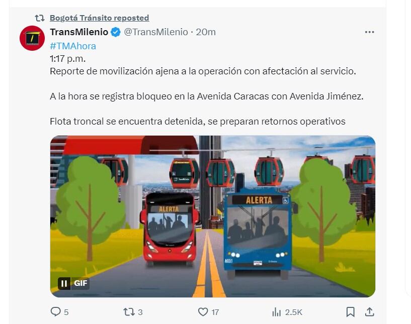 Transmilenio informa de bloqueo en la avenida Caracas con avenida Jiménez - crédito @TransMilenio