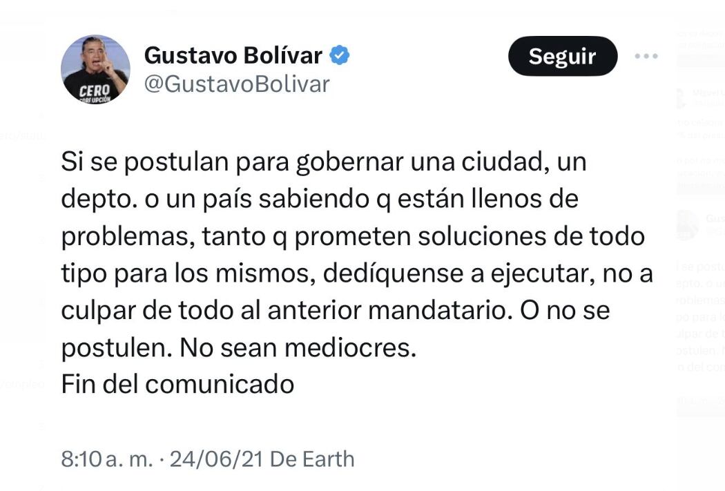 En el pasado, Gustavo Bolívar rechazó las personas que no estaban preparadas para dirigir un país o una ciudad - crédito @GustavoBolivar/X