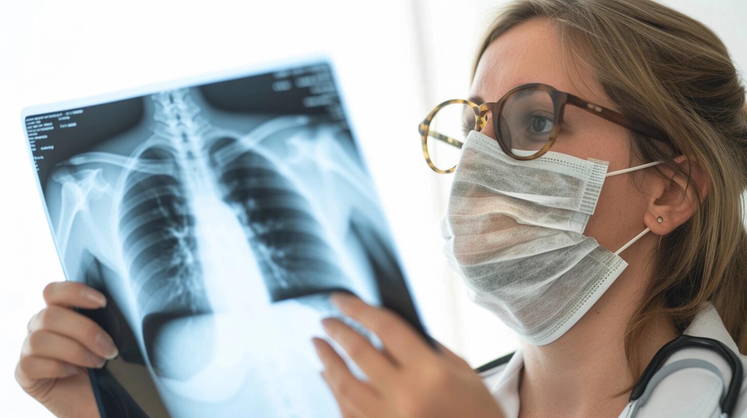 Médica con barbijo observando una radiografía de pecho, concentrada en el diagnóstico y evaluación de las condiciones pulmonares. La fotografía destaca la importancia del examen minucioso y el papel vital de los profesionales de la salud en la interpretación de imágenes médicas. (Imagen ilustrativa Infobae)