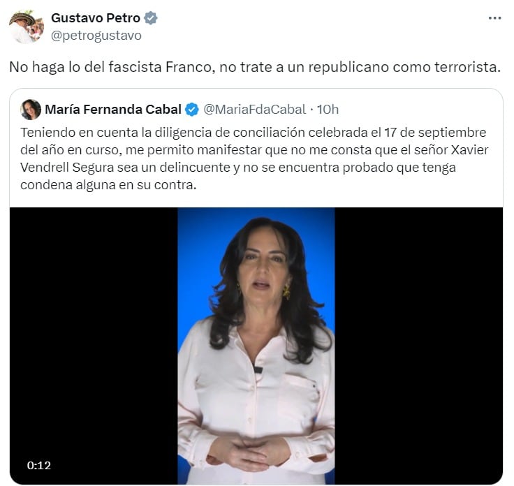 Tras video de disculpas, Petro le responde a María Fernanda Cabal “No haga lo del fascista Franco, no trate a un republicano como terrorista” - crédito captura de pantalla X