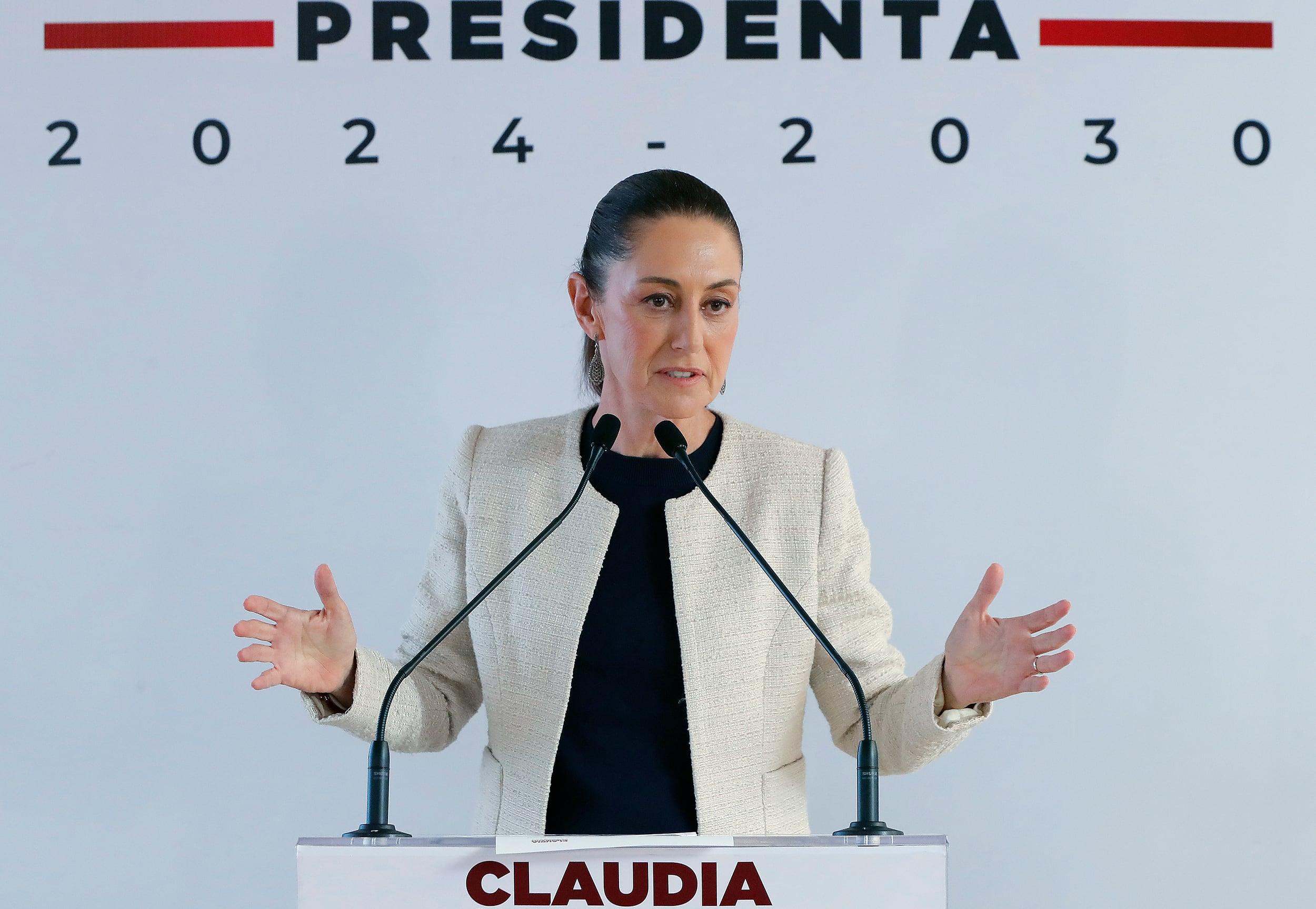 La presidenta electa de México, Claudia Sheinbaum, habla durante una rueda de prensa en Ciudad de México (México). EFE/Mario Guzmán
