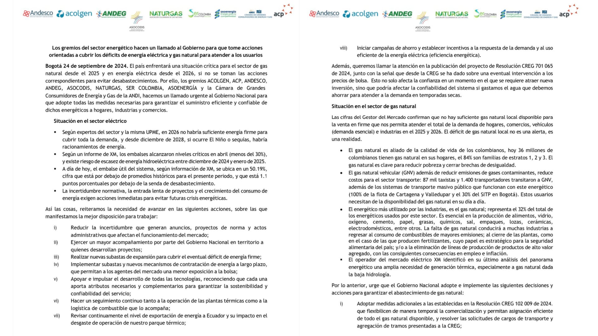 Esta es la carta que enviaron agremiaciones energéticas al Gobierno - crédito @Acolgen/X