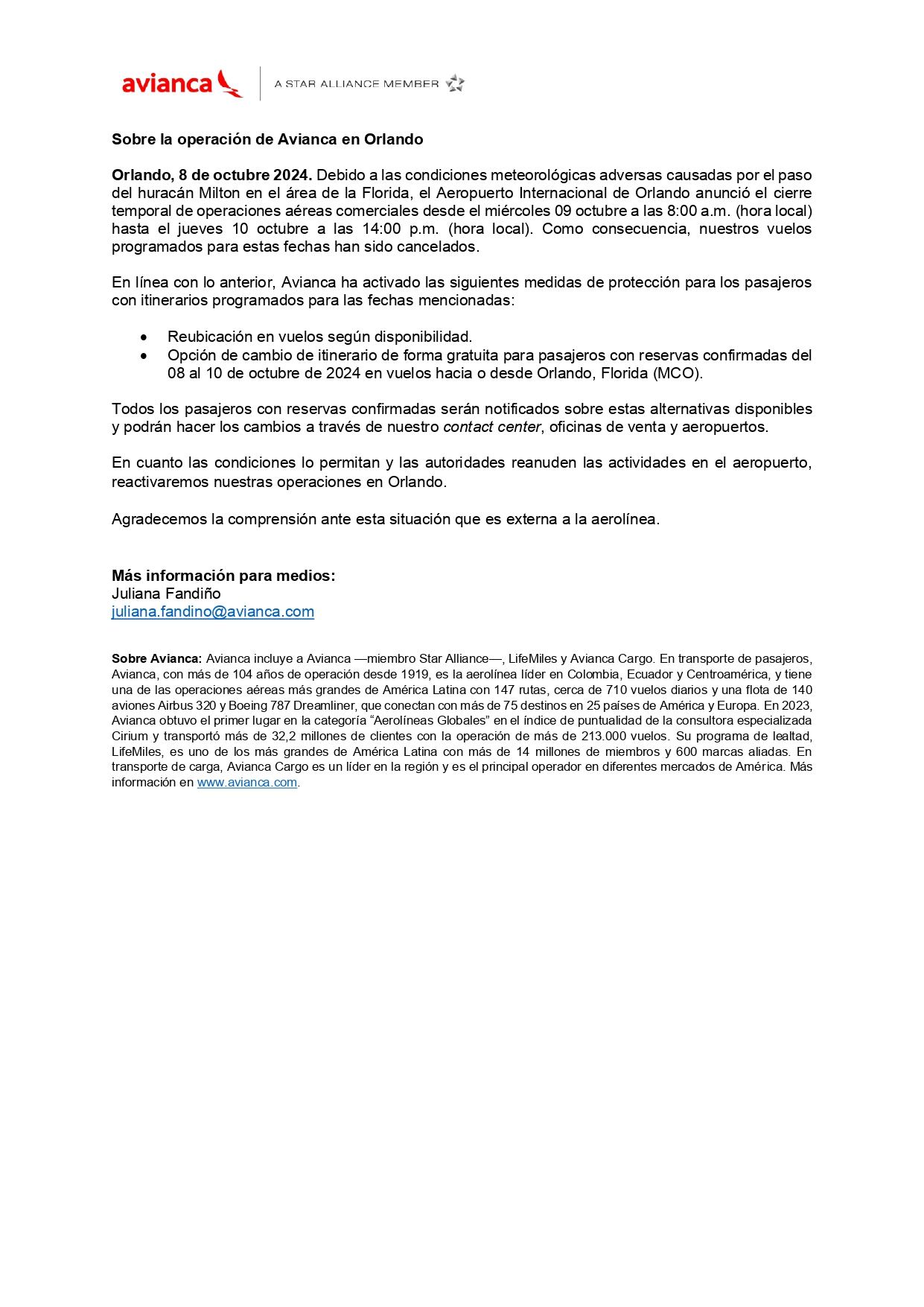 Este fue el comunicado oficial de la aerolínea colombiana sobre las circunstancias climáticas en Orlando, Florida - crédito Avianca