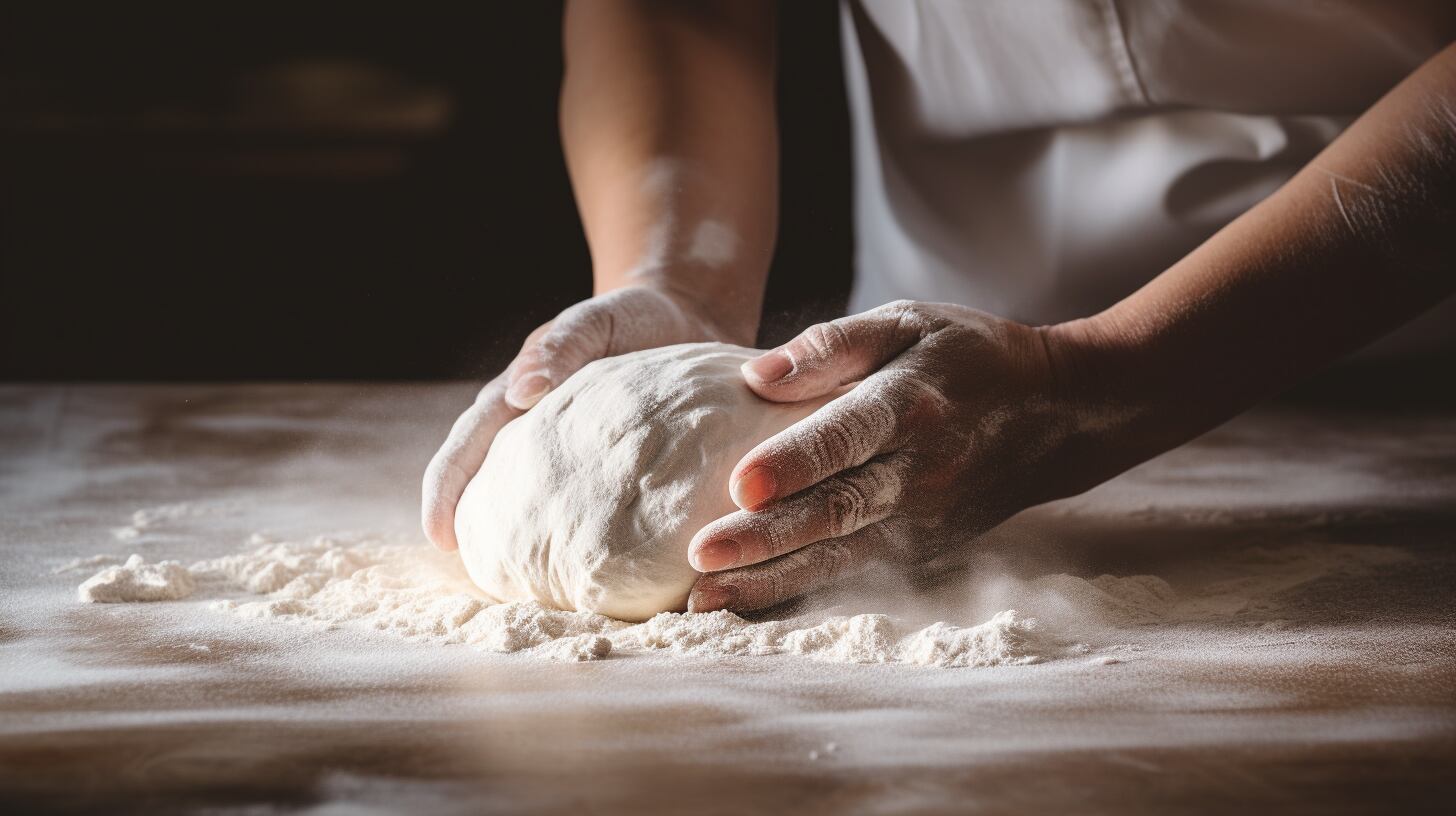 Detalle de manos de panadero experto amasando harina con destreza para crear pan fresco y delicioso en una panadería local. El arte panadero en su máxima expresión. (Imagen ilustrativa Infobae)