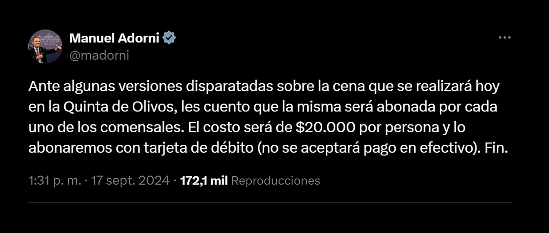 Tuit Adorni sobre asado en Olivos