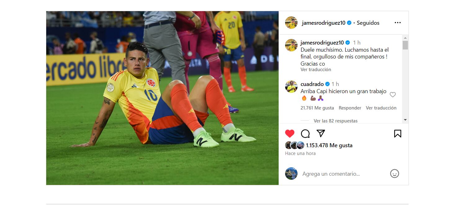 La selección Colombia ha sido finalista tres veces de la Copa América (1975, 2001 y 2024) - crédito James Rodríguez / Instagram