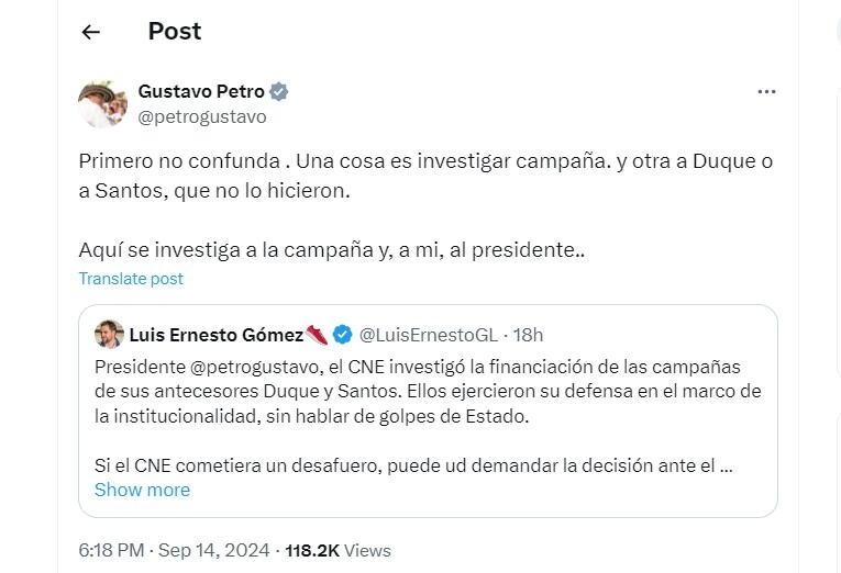 Gustavo Petro le responde al exviceministro Luis Ernesto Gómez - crédito @petrogustavo