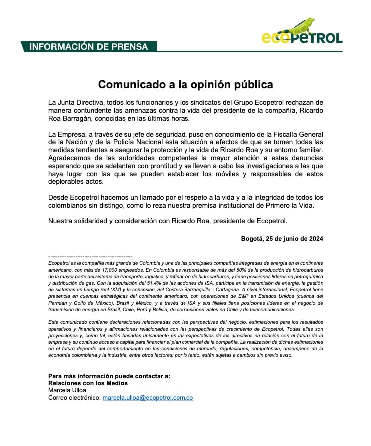 Comunicado de Ecopetrol sobre amenazas hacia Ricardo Roa - crédito Ecopetrol/X