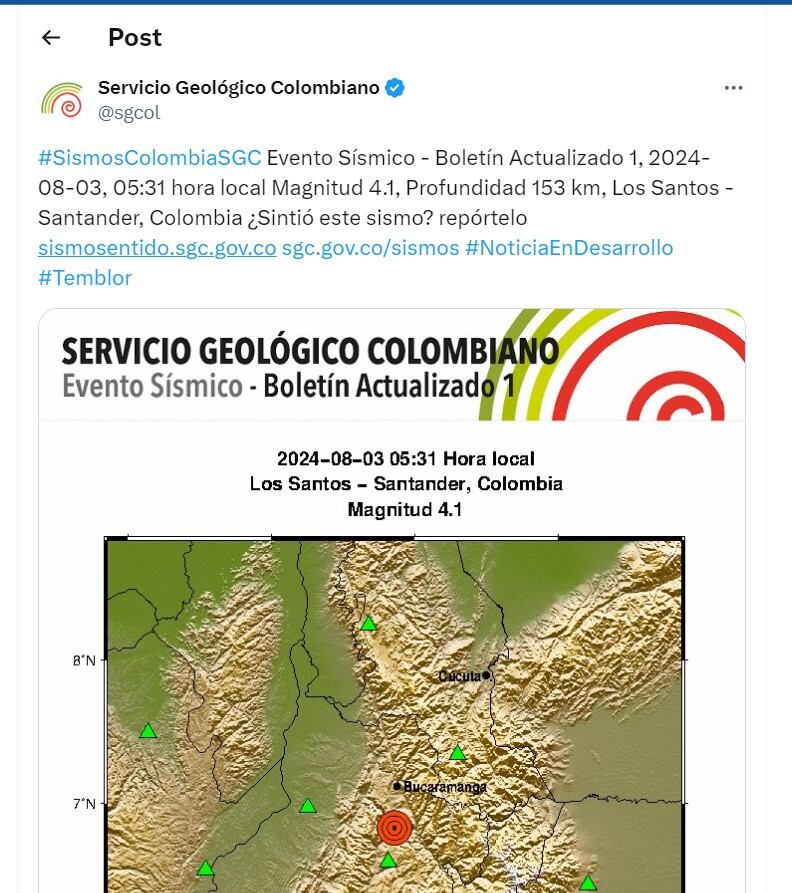 Servicio Geológico Colombiano informó de un temblor en el municipio de Los Santos, Santander - crédito @sgcol