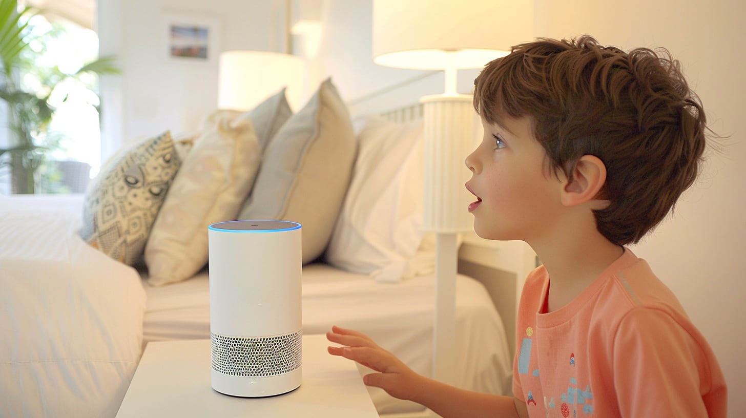 Un joven niño hombre de menos de 10 años conversando, hablando, interactuando con Alexa - (Imagen Ilustrativa Infobae)