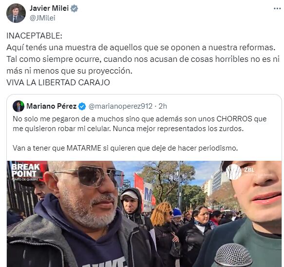 El tuit de Javier Milei sobre la agresión al periodista liberal