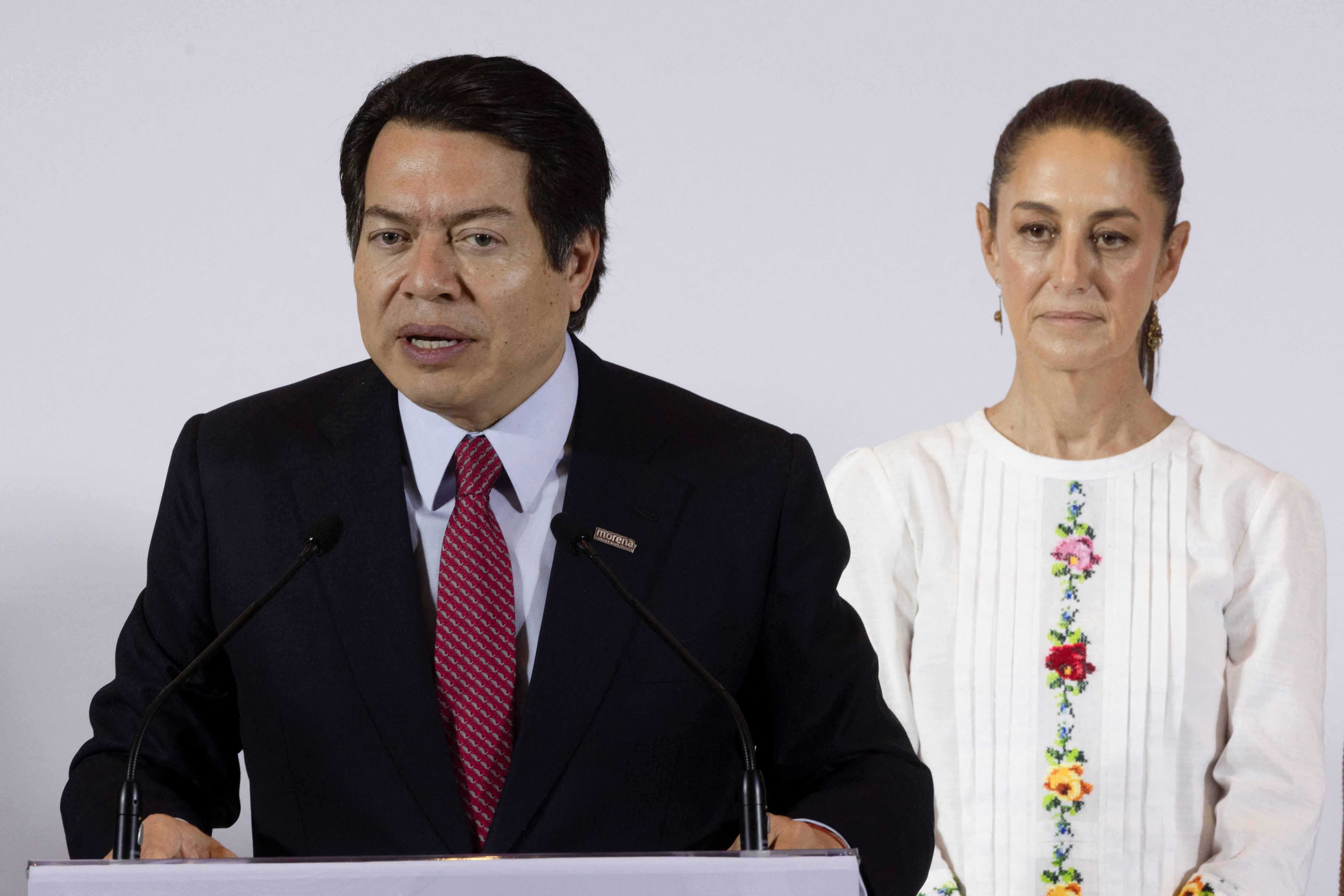 MORENA's president Mario Delgado and General Coordinator of the presidential candidate of the ruling Morena party Claudia Sheinbaum's campaign speaks as Sheinbaum introduces her campaign team in Mexico City, Mexico, February 29, 2024. REUTERS/ Quetzalli Nicte-Ha