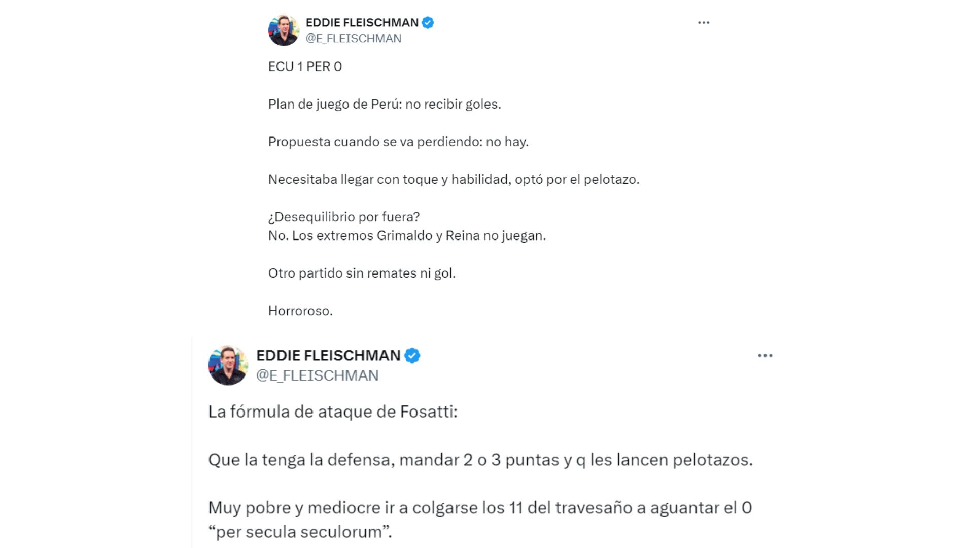 Los tuits de Eddie Fleischman contra Jorge Fossati tras derrota de Perú ante Ecuador en Quito por Eliminatorias 2026.