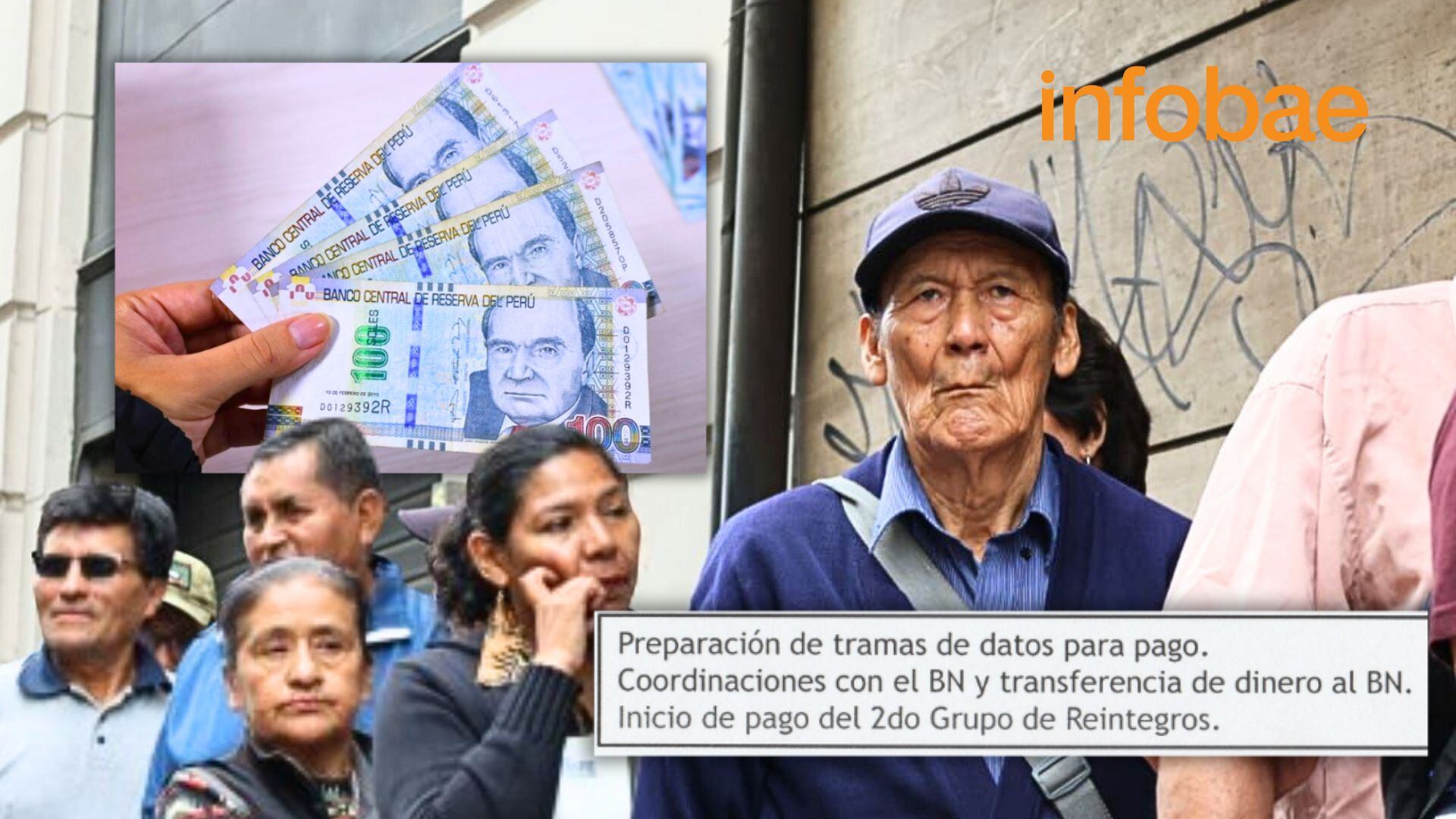 fonavistas esperando pago y mano con billetes de 100 soles