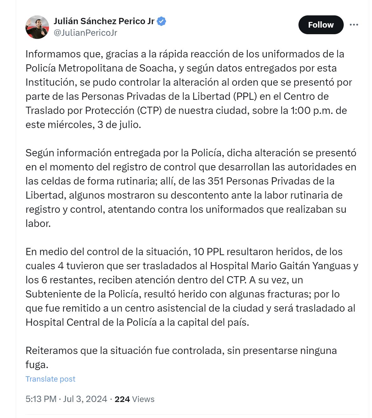 El alcalde Julián Sánchez Perico informó que un uniformado resultó herido en la situación de orden público que se presentó en el Centro de Traslado por Protección de Soacha - crédito @JulianPericoJr/X