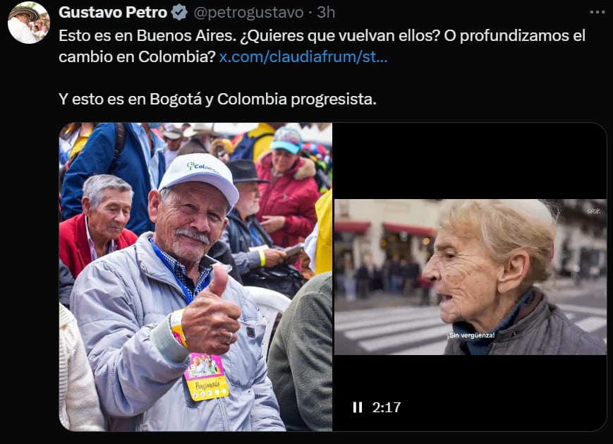 Petro comparó las situaciones pensionales entre los dos países  - crédito @petrogustavo/X