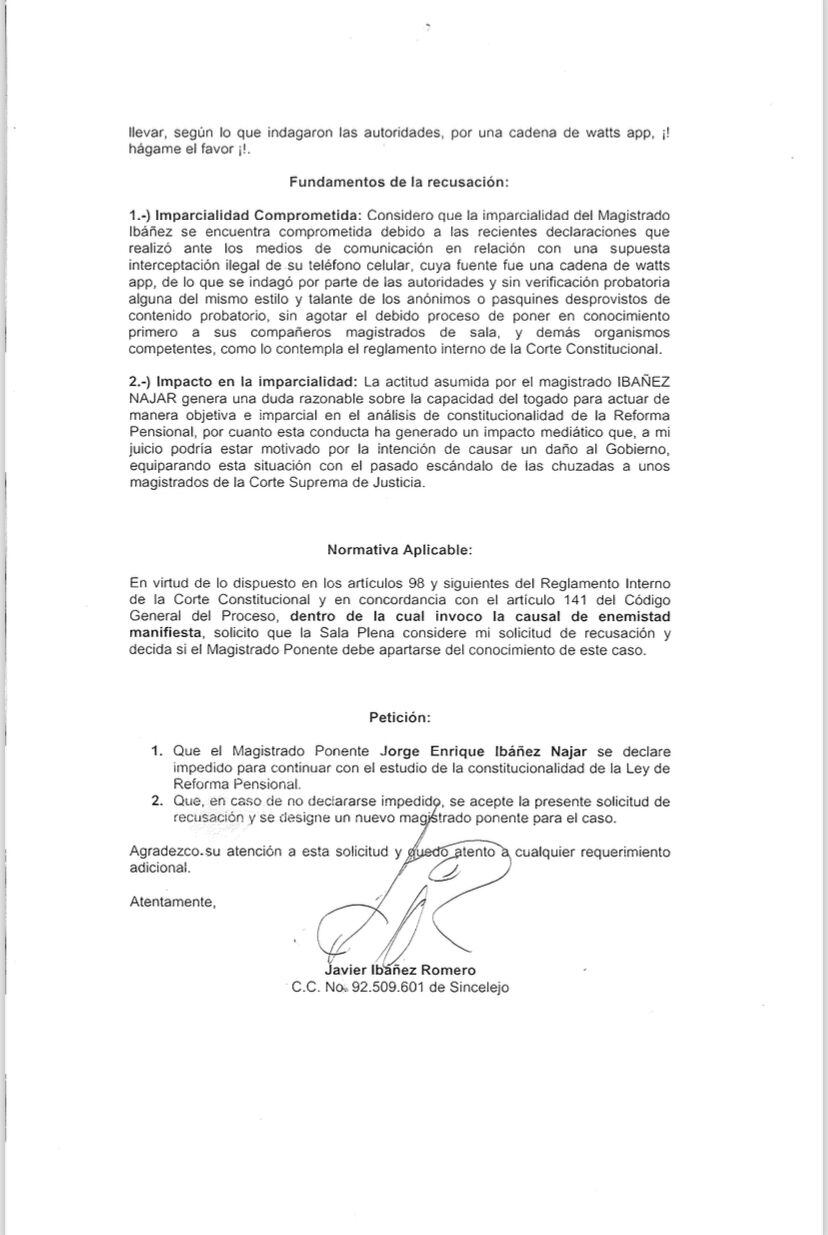 En la recusación, Javier Ibáñez Romero, exdelegado de la Procuraduría General de la Nación en el departamento de Sucre, advierte sobre la falta de imparcialidad del vicepresidente de la Corte Constitucional - crédito Redes Sociales