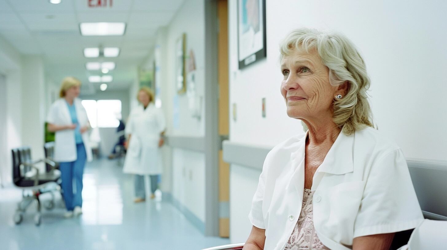 Mujer anciana esperando consulta en consultorio médico de un hospital público. Rodeada de sillas vacías, la imagen refleja la paciencia y la necesidad de cuidados médicos en la vejez. Palabras clave: mujer anciana, cuidados médicos, vejez, sillas vacías, consultorio médico, hospital público, paciente, turno, entorno médico, salud. (Imagen ilustrativa Infobae)