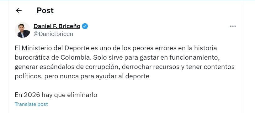 Daniel Briceño propone cerrar el Ministerio de Deporte en 2026 - crédito @Danielbricen