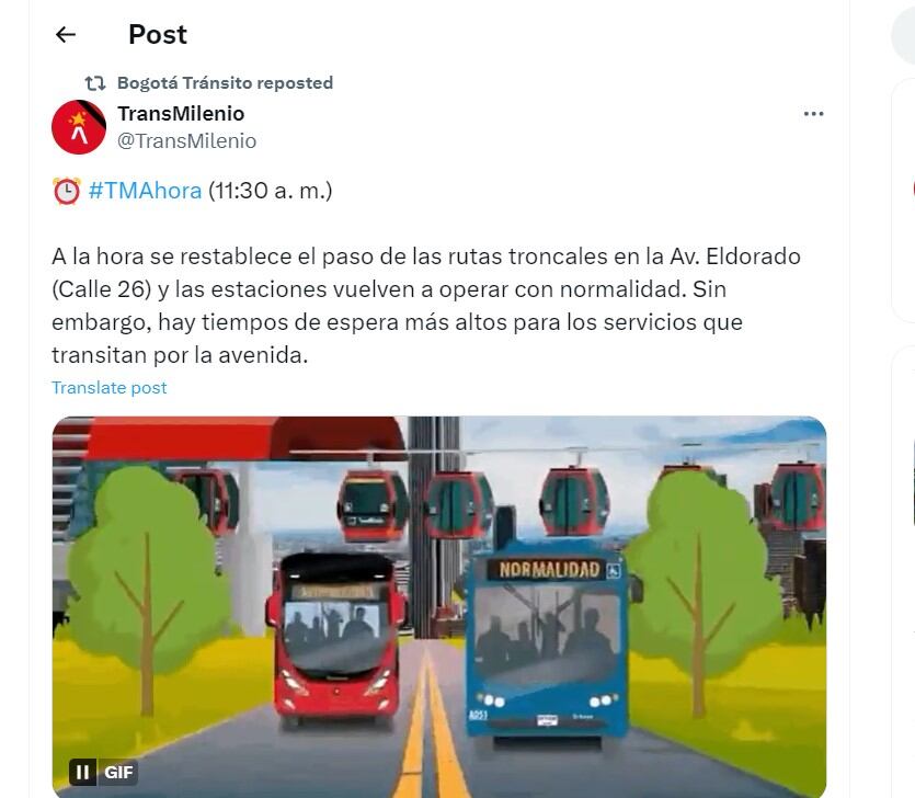 Transmilenio informó que se restablece el paso de las rutas troncales en la Av. Eldorado (Calle 26) - crédito @TransMilenio