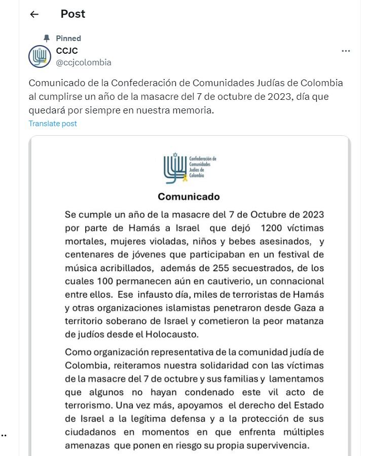 Confederación de Comunidades Judías de Colombia recordó el atentado terrorista de Hamas - crédito @ccjcolombia