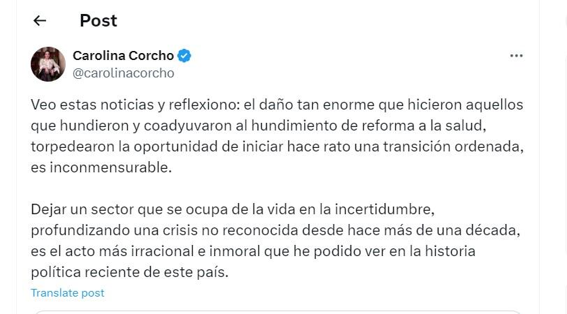 Carolina Corcho cuestiona el hundimiento de la reforma a la salud - crédito @carolinacorcho