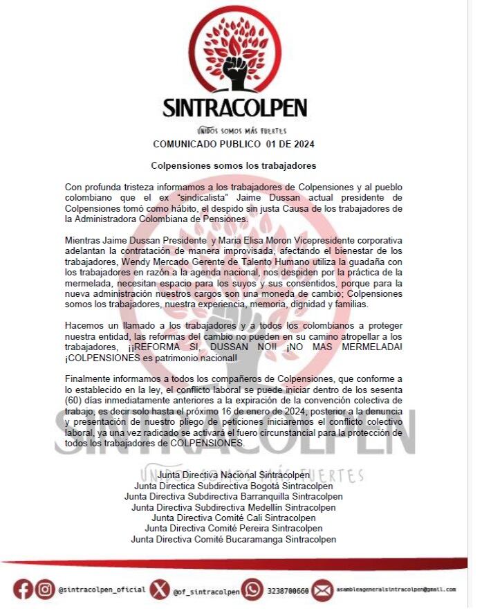 Sintracolpen dio a conocer que el presidente de Colpensiones ha ordenado despidos masivos en la entidad - crédito Sintracolpen / X