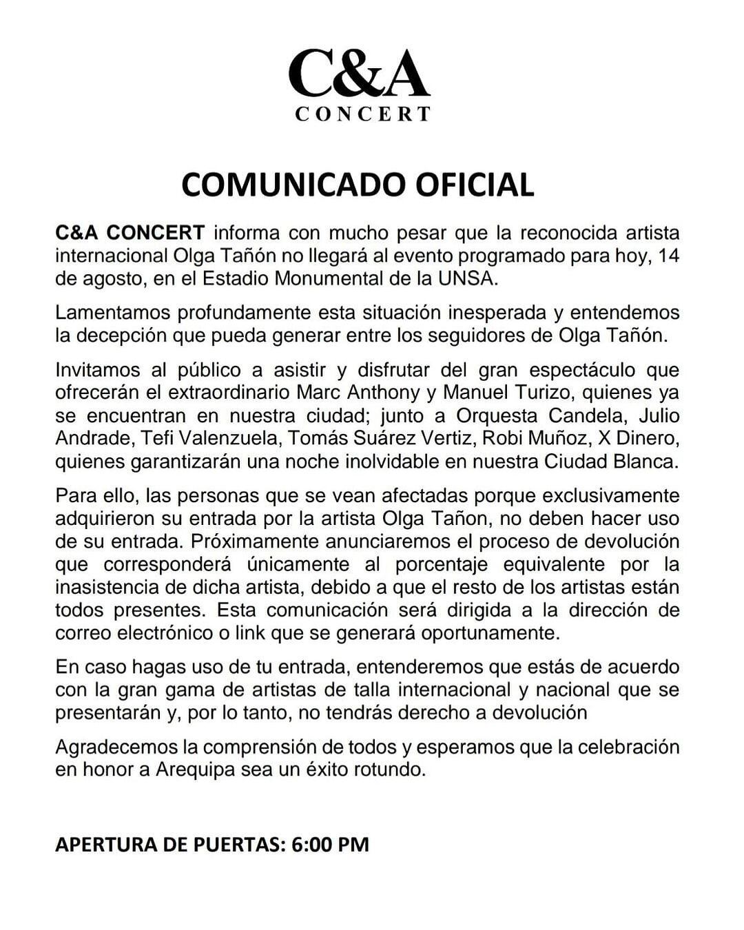 Comunicado de la empresa organizadora del aniversario de Arequipa explica que se devolverá la inversión por las entradas a los fanáticos de Olga Tañón que no pudieron verla.