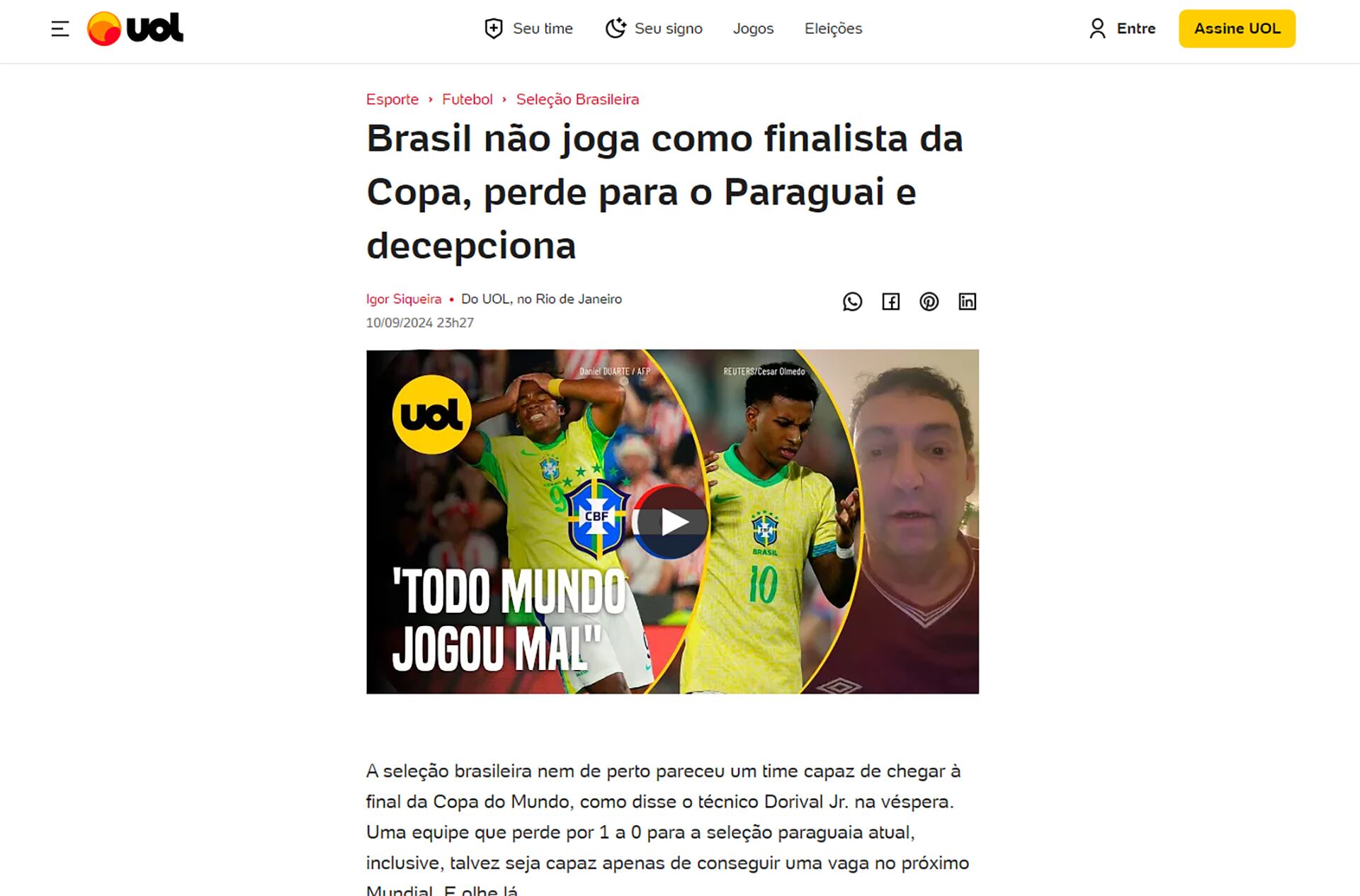 Críticas de la prensa tras la derrota de Brasil en Paraguay