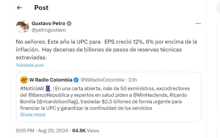 Gustavo Petro responde a carta de exministros en su cuenta de X - crédito @petrogustavo