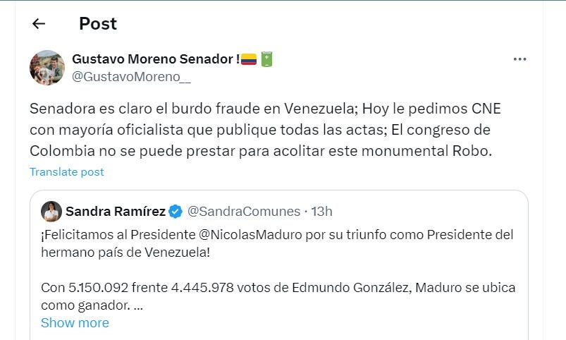 Gustavo Moreno arremete contra la senadora Sandra Ramírez - crédito @GustavoMoreno__