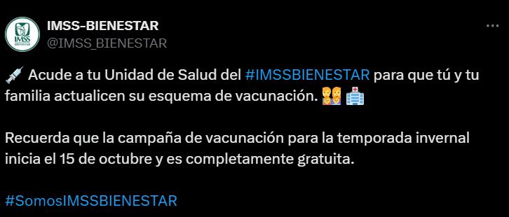 IMSS Bienestar inicia su campaña de vacunación invernal 2024, proporcionando acceso gratuito a vacunas esenciales para la salud de la población sin seguridad social.