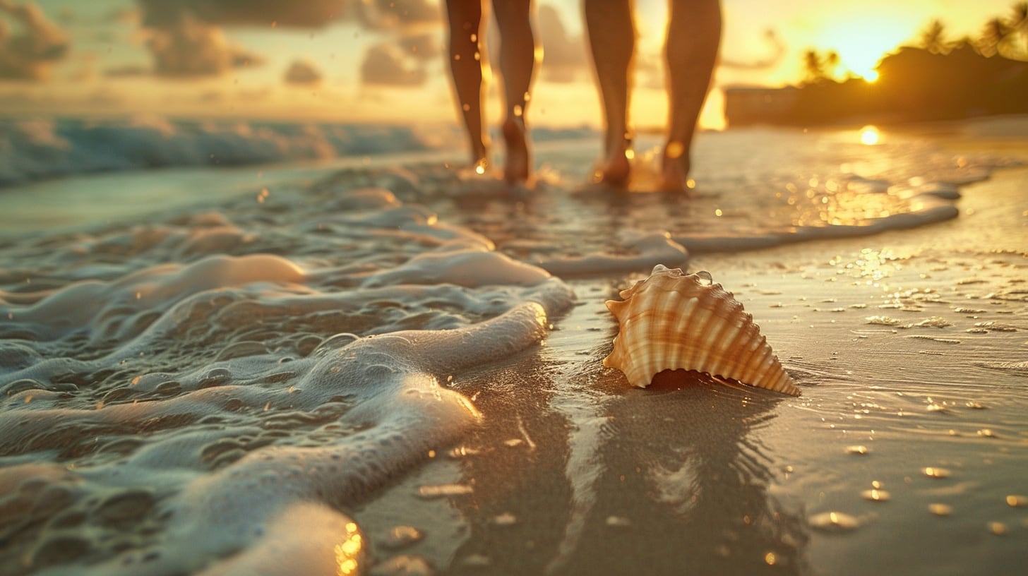 Personas paseando sin zapatos sobre la arena húmeda junto al océano al caer la tarde - (Imagen Ilustrativa Infobae)