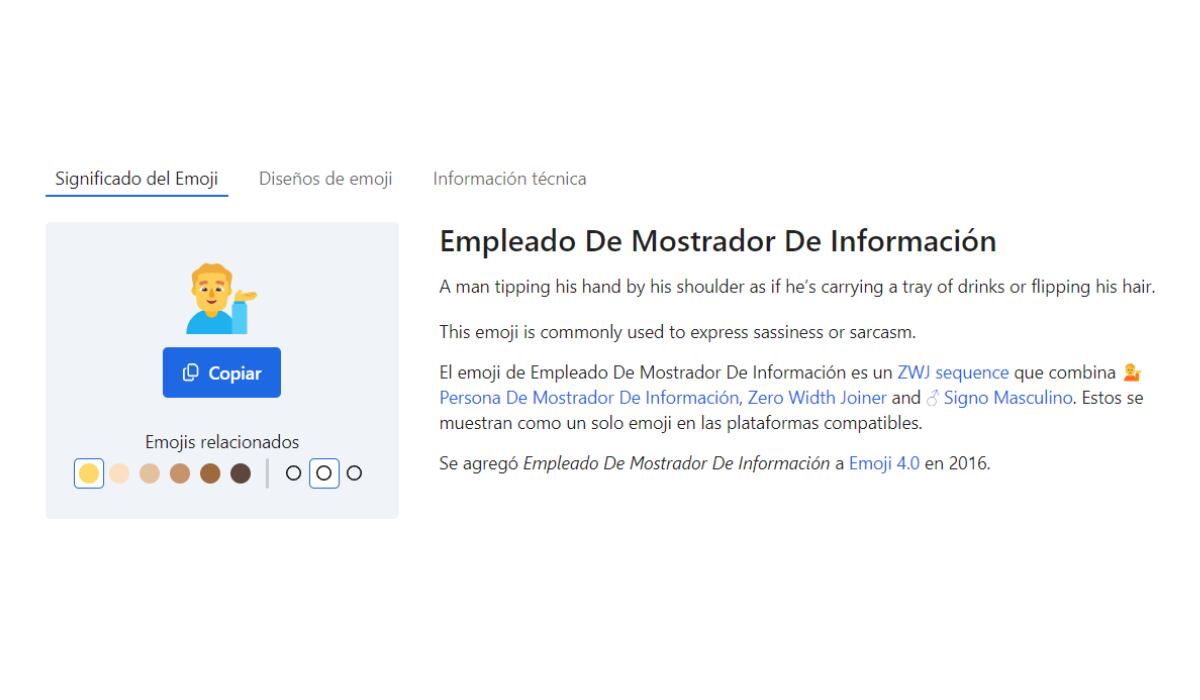 El verdadero nombre de este emoji es "Empleado de mostrador De información" a pesar de que es usado para mostrar sarcasmo. (Emojipedia)